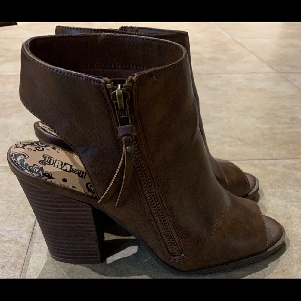 Brown leatherette open ankle and peep toe booties